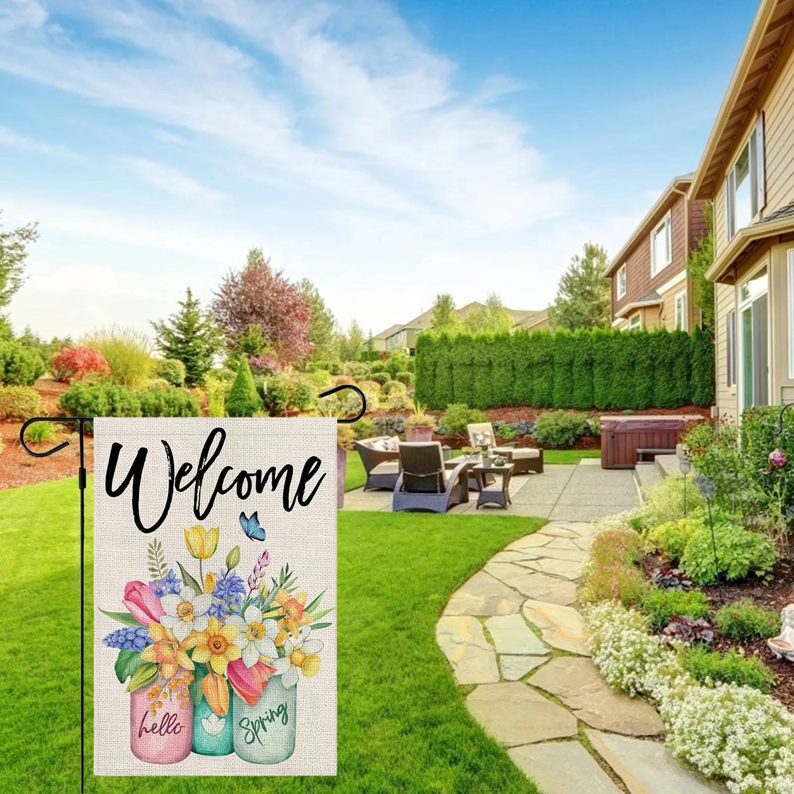 

Hello Spring Floral Garden Flag Double-Sided Small Hello Spring Outdoor Flags UV Fade Resistant Welcome Outdoor Decoration Sign