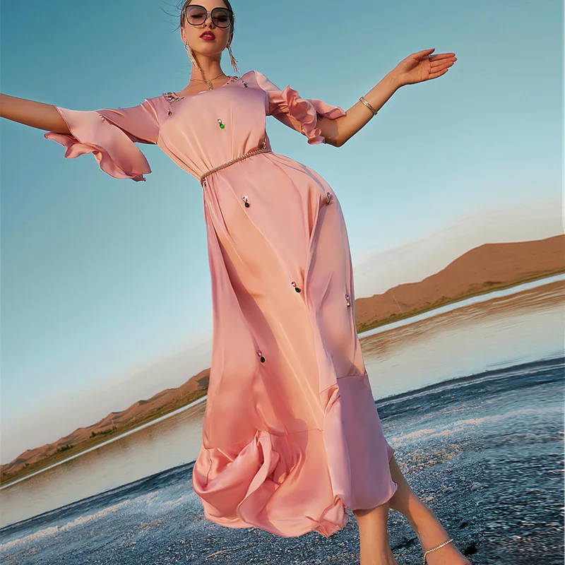 Women Fashion Solid Pink Color Satin Long Dressses Diamond Butterfly Sleeve Delicate Elegant Lady's Vestidos Mujeres