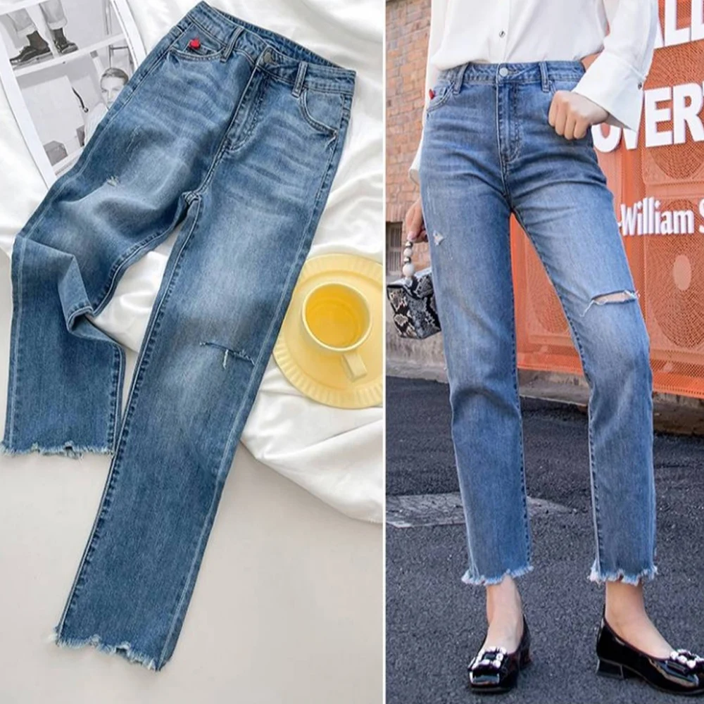 New Women Jeans Asymmetrically Vintage Straight Denim Washed Jeans Cropped Rinse Ripped Jeans Ninth Pants Twisted Seam