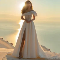 elegant off the shoulder wedding dresses 2022 bow backless with lace up high slit satin bridal gowns court train robe de mari%c3%a9e