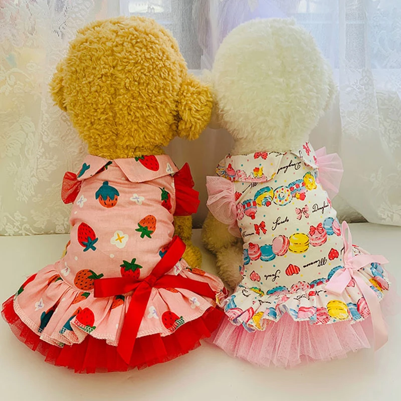 

Dog Skirt Lace Bow Princess Dress Strawberry Macaron Pattern Pet Supplies Girls Cat Doll Collar Clothes Pet Dress Bow Tie