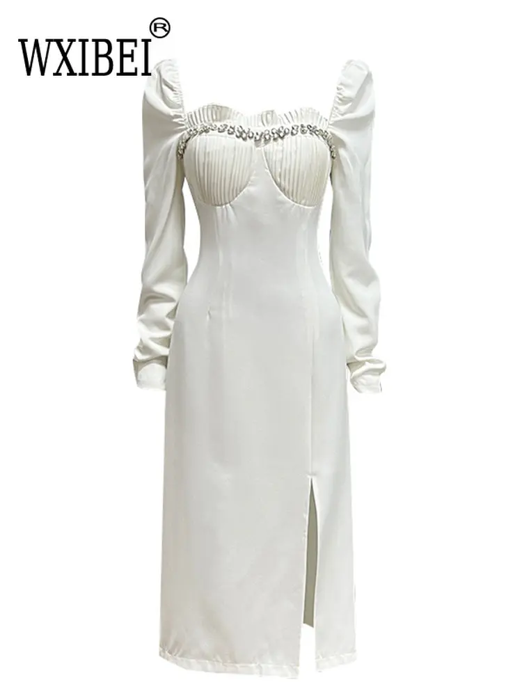 

WXIBEI Diamonds Elegant White Dress Women's Slash Neck Puff Sleeve High Waist Solid Minimalist Midi Dresses Females 2022 FC061