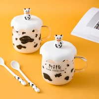 cartoon milk cow glass mug clear coffee cup with lid ceramic spoon cute home office tea juice milk clear water cup birthday gift