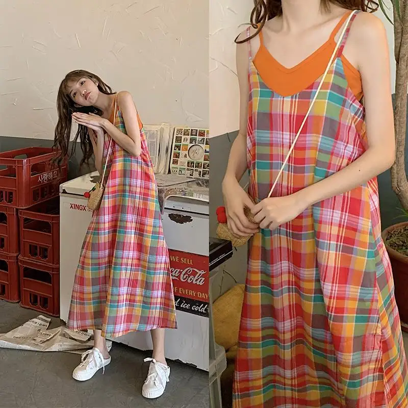 

Summer New Plaid Printing Slip Dress Sleeveless Loose Multicolor Midi Dress Trend Fashion Young Style Women Clothing