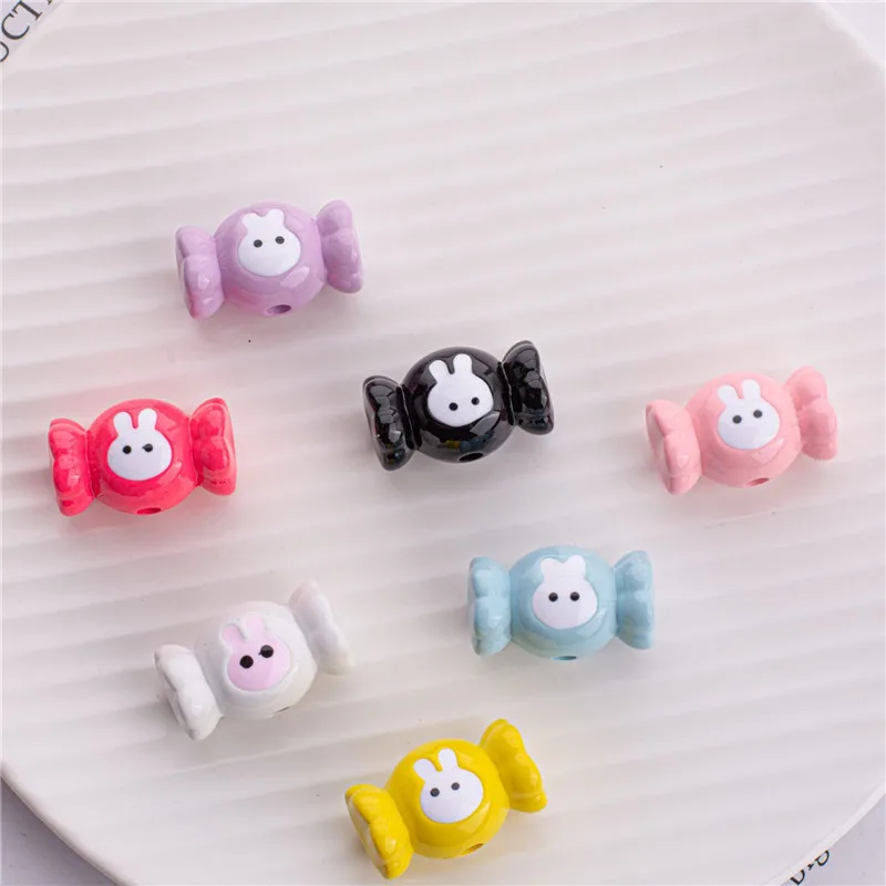

New arrived 50pcs/lot color print animal rabbits pattern cartoon candy shape acrylic beads diy jewelry garment pendant accessory