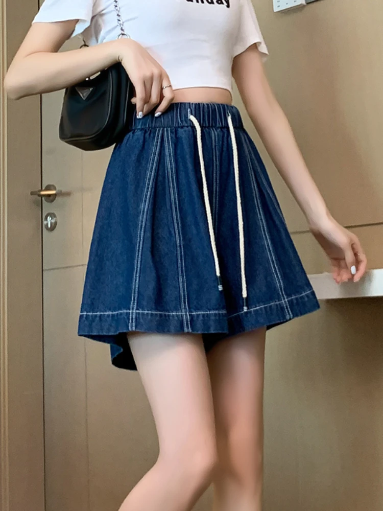New Summer Elastic High Waist Denim Shorts Women Casual Lace-up Wide Leg Jean Shorts Lady Fashion Solid Color Shorts