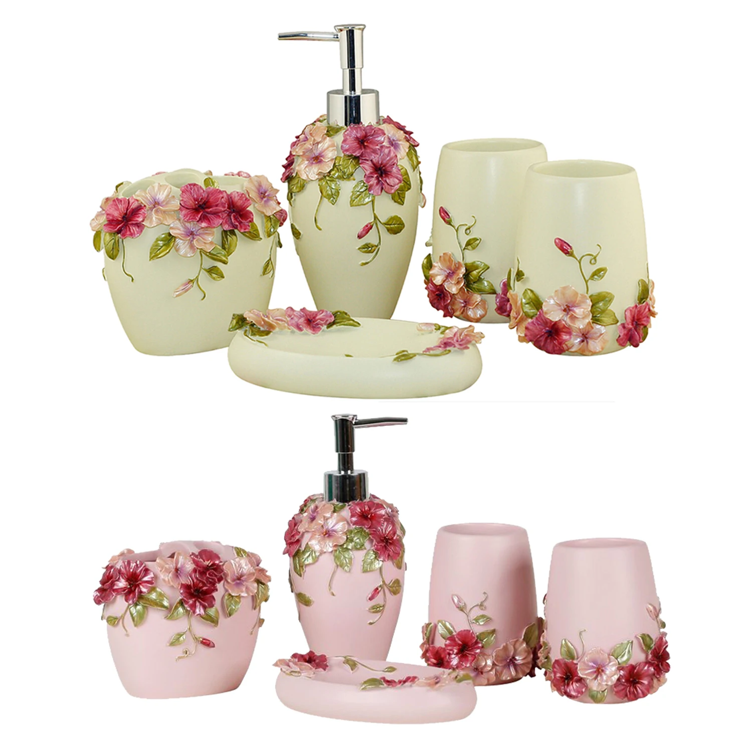 

Country Style Resin 5Pcs Bathroom Accessories Set Soap Dispenser/Toothbrush Holder/Tumbler/Soap Dish