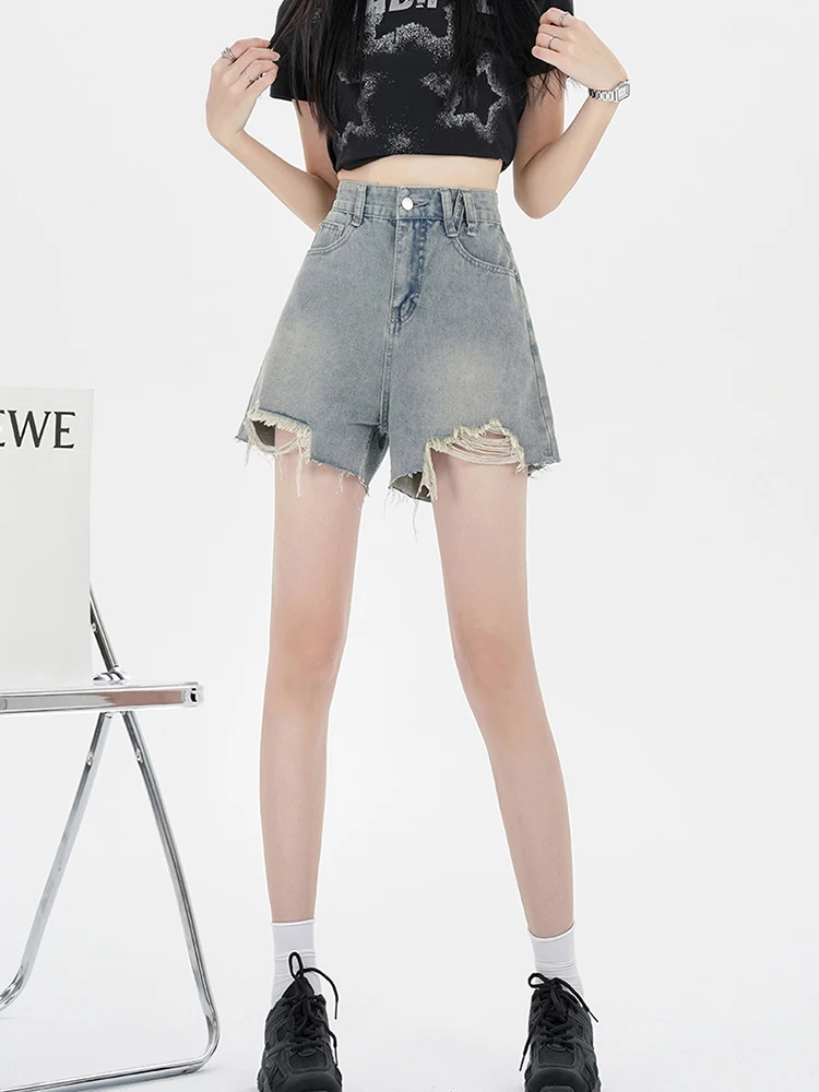Summer Women High Waist Loose Hole Frayed Denim Shorts Streetwear Female Retro Wide Leg Raw Hem Jeans Shorts Bottoms