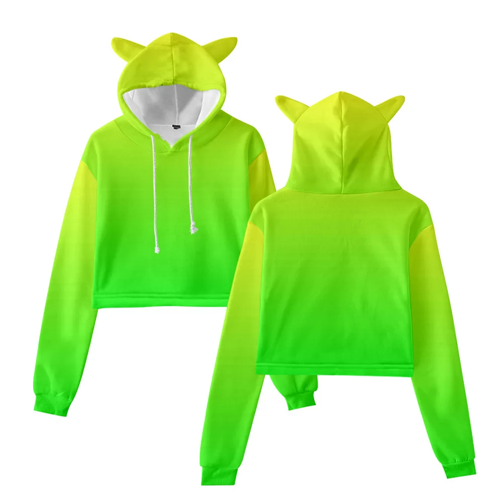 

Women's Cat Ear Hooded Sweatshirt Gradient Color Printing Girls Spring&Autumn New Navel Showing Suitable for Height 110CM-160CM