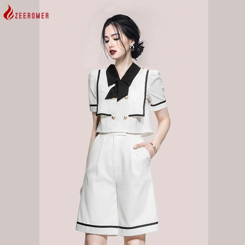 

Summer Women Two Piece Korean Fashion Elegant Navy Collar Short Sleeve Double Breasted Top+High Waist Shorts Fashion Outfits