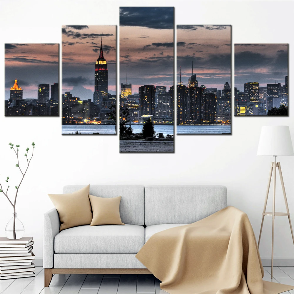 

Modern Wall Art Hd Printing 5 Piece New York City Seaside Sunset Posters Modular Canvas Painting Living Room Decoration Pictures