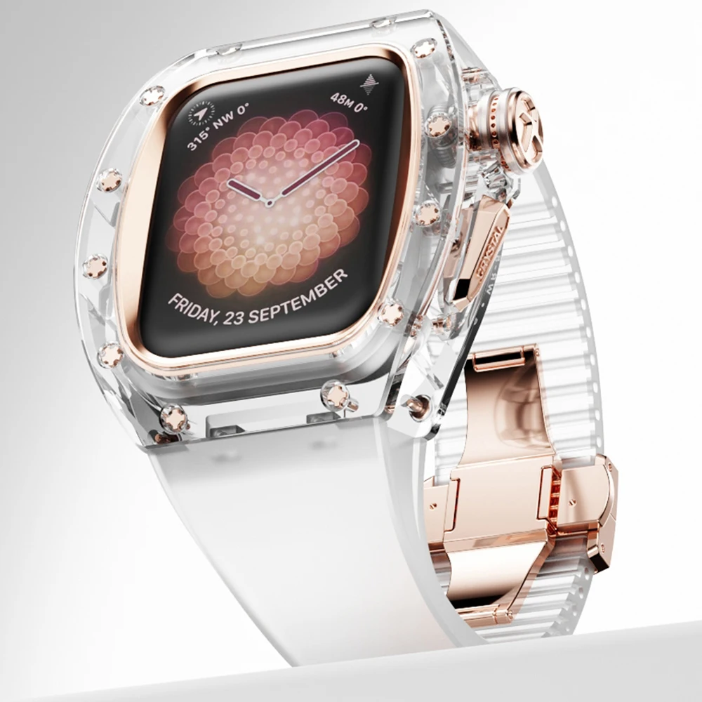 

Luxury Crystal Glass Transparent Mod Kit Case for Apple Watch 45MM 44MM Fluoroelastomer Band for IWatch Series Ultra 8 7 6 5 SE