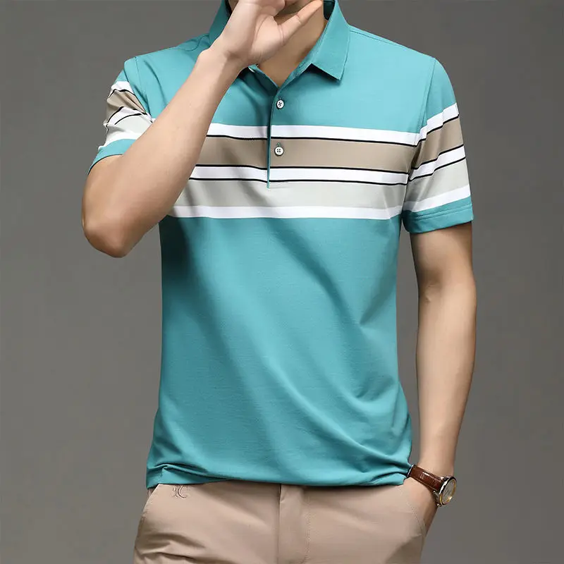 

Men Clothing Summer Youth Lce Silk Breathable Mercerized Cotton Thin Section Iron-Free Striped Middle-Aged Loose Polo Shirt