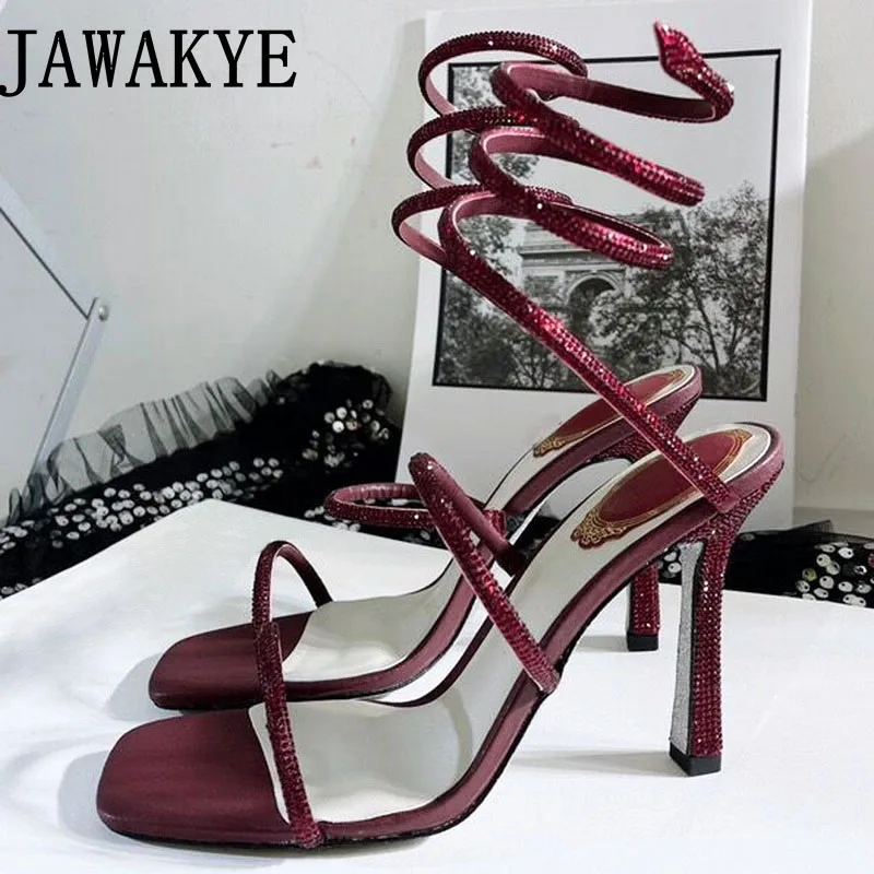 

Summer Brand Women's Sandals Ankle Crystal Serpentine Ribbon Pumps High Heels Square Toe Party Shoes For Women Wedding Shoes