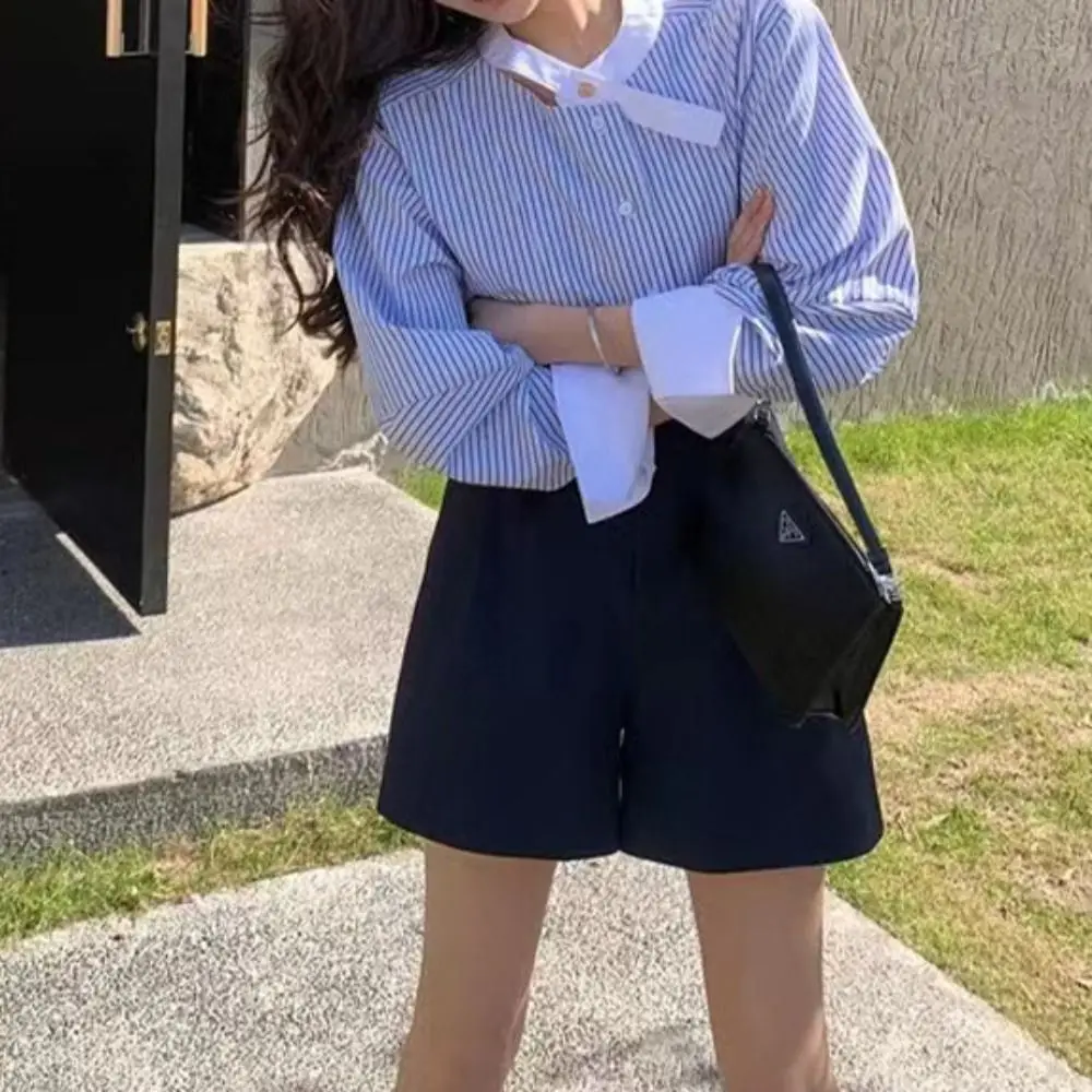 Блузка женская в синюю полоску модная рубашка оверсайз с длинным рукавом круглым