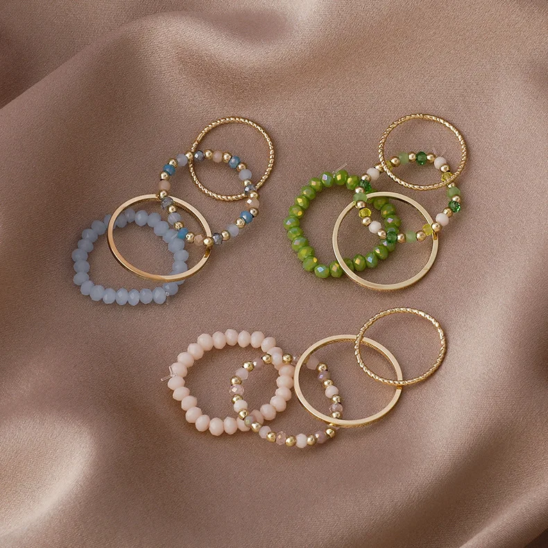 

4Pcs Summer Crystal Bead Rings Set for Women Bohemia Fresh Colorful Beads Finger Rings Stretch Rope 2022 Korean Fashion Jewelry