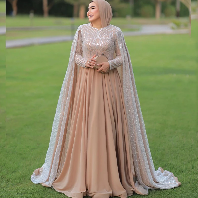 

Champagne Prom Dresses with Cape O Neck Long Sleeves Sweep Train Sequined Lace Arabic Hijab Women Formal Occasion Dress