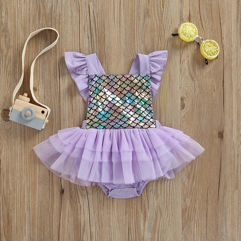 

Infant Baby Girls Romper Dress Ruffle Fly Sleeve Mermaid Scale Print Tulle Splicing Tutu Backless Bodysuit Summer Clothes 0-24M