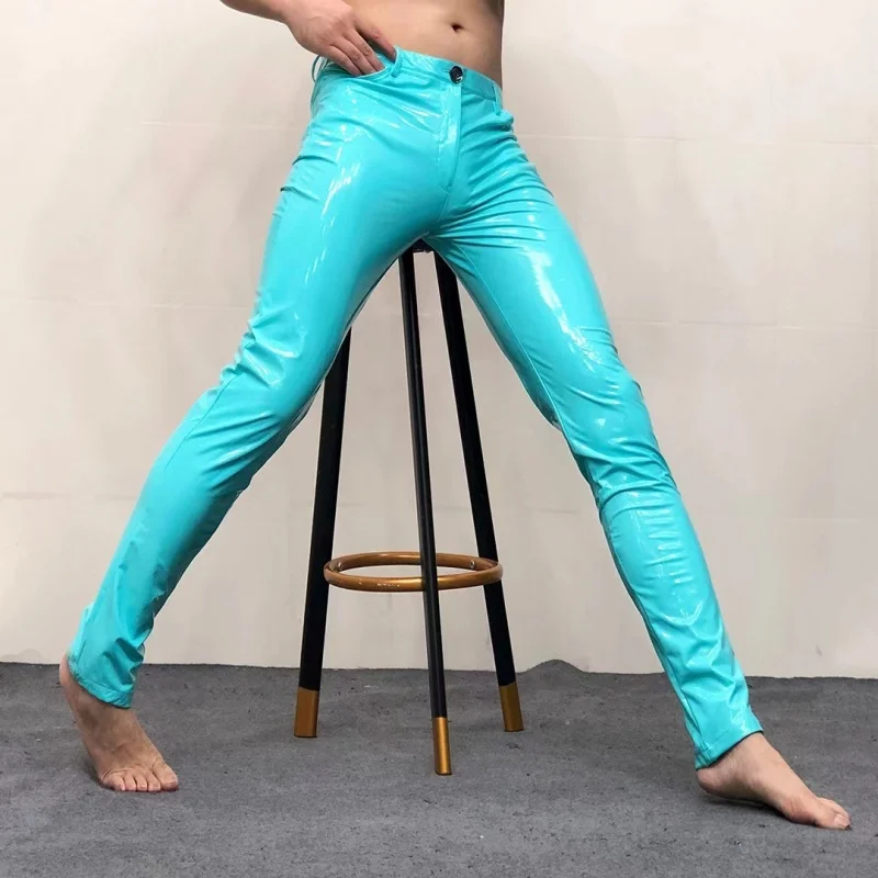 

Sky Blue Shinny Leather Pants Sexy Nightclub Men's DS Costumes Anti-bright PU Pants Tight Stretch Trousers Men Motorcycle Pants