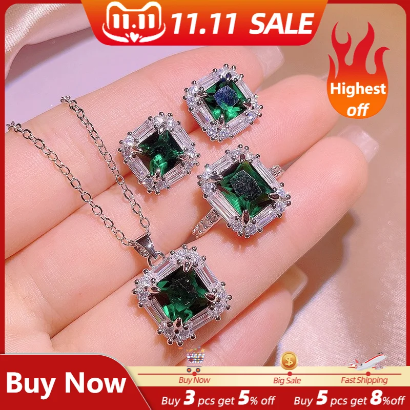 

Elegant Emerald Square Jewelry Sets for Women Fashion Silver Color Inlaid Green Zirconia Wedding Necklace Ring Earrings Set Gift
