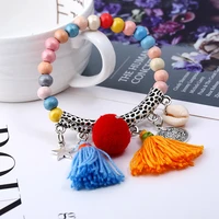 boho vintage colorful wooden bead elastic bracelets female alloy round star tassel bracelets summer beach handmade jewelry gifts