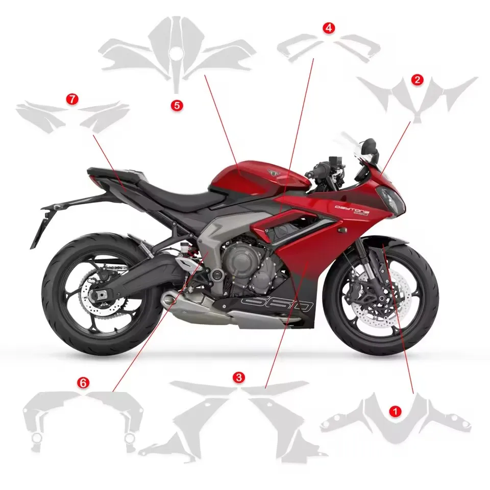 Фото Защитная пленка TPU PPF для TRIUMPH DAYTONA 660 DAYTONA660 2024- года, устойчивая к царапинам, самовосстанавливающаяся, для полной защиты кузова. №2