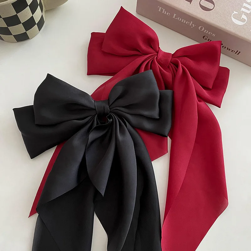 Korean Fashion New Black White Bowknot Ribbon Hairpin for Women Silk Spring Clip Retro Hair Accessories for Girls Jewelry