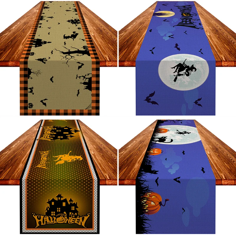 

Halloween Table Runner Creative New Holiday Decor Linen Material Fashion Bat Witch Pattern Rectangular Art Decorative Tablecloth