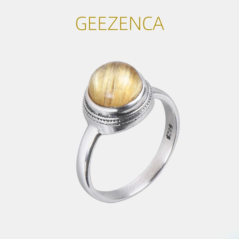 

GEEZENCA Luxury Hair Crystal 925 Silver Rings For Women Vintage Simple Natural Gemstone Slim Lucky Ring Hemp Rope Design Gift