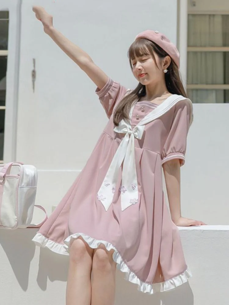 

Sailor Collar Short Puff Sleeve Cute Women Dress Contrast Color Japanese Preppy Dresses Sweet Loose Casual Y2k Aesthetic Vestido