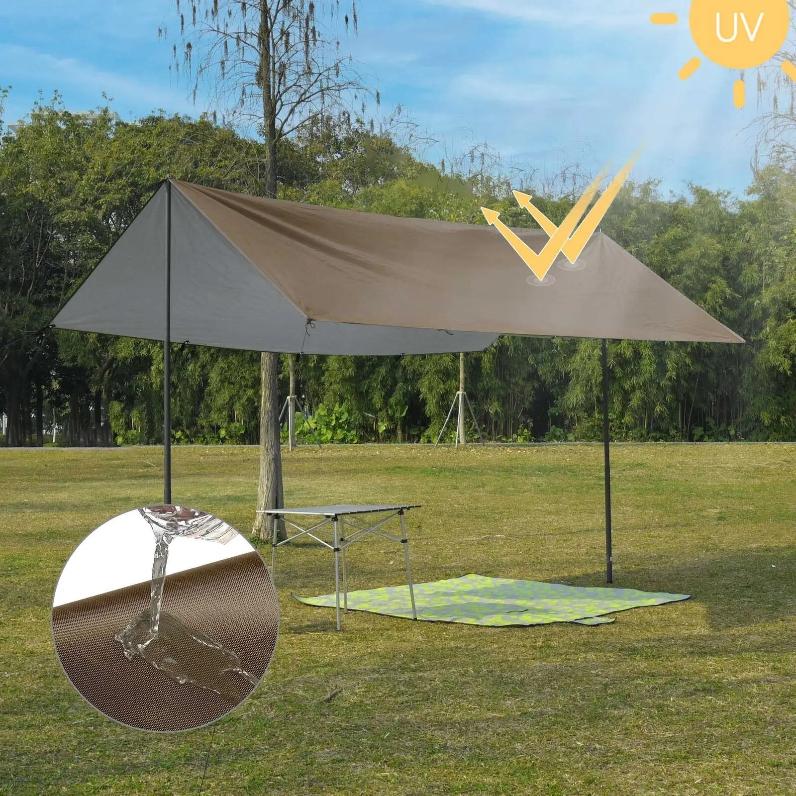 UV50+ Protection Water Resistance Camping Tent Tarp Brown 295 X 398.5 Cm