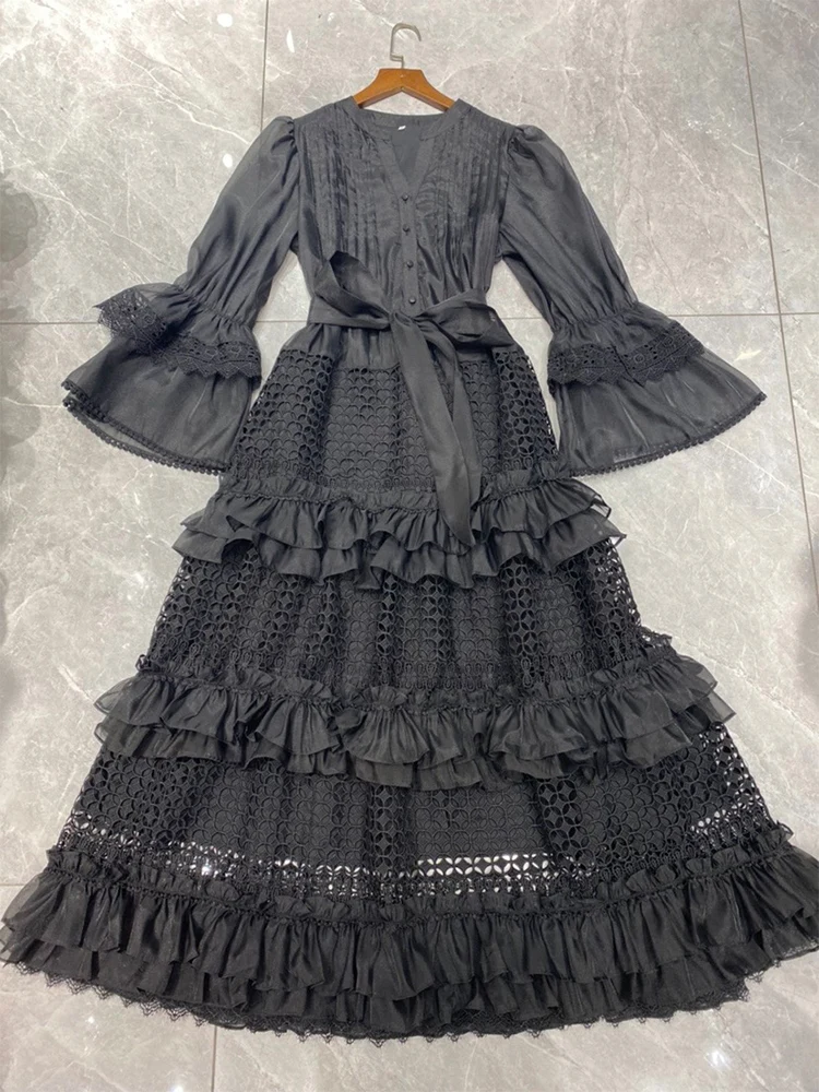 Осеннее новое высококачественное женское свободное платье с рюшами и полыми