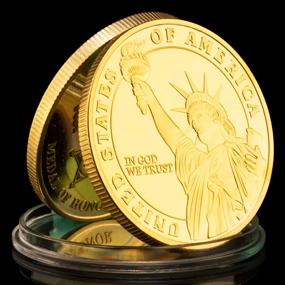 Медаль чести, клейкая монета в Боге, мы доверяем США, свобода, клакмаль, Статуя Свободы, скульптура свободы, позолоченная памятная монета