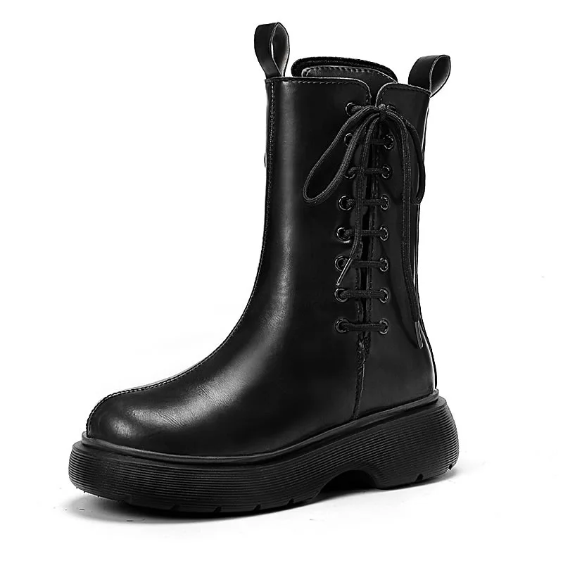 Ladies Flat Boots Winter Shoes-Ladies Autumn Shoes Round Toe Luxury Designer Low-cut Mid-calf Lace-up Women's Boots Black Boots