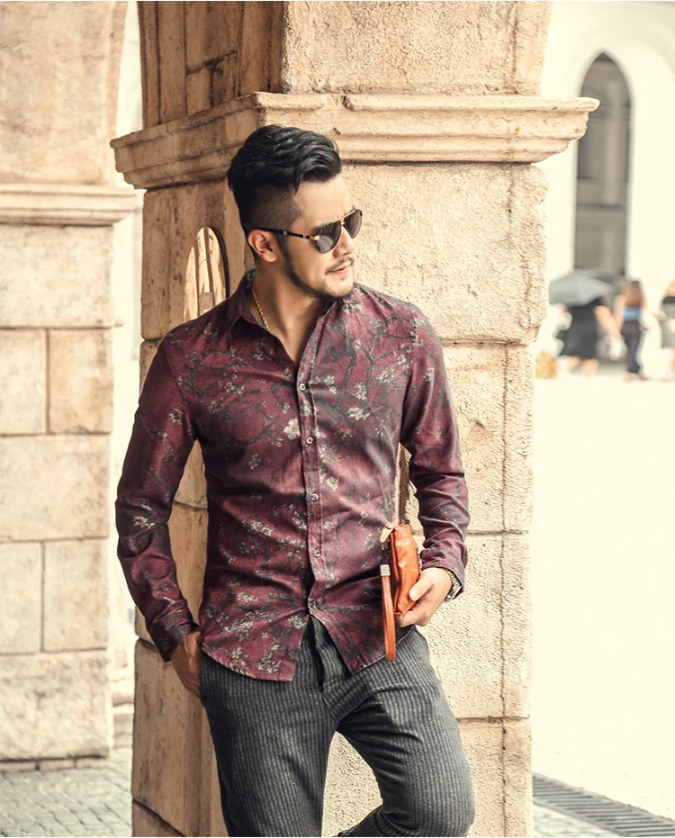 Mattswag Mens Wine Red Vintage Flower Printed Shirts 2022 Spring Autumn Long Sleeve Shirts Casual Fashion Slim Fit Camisa Hombre