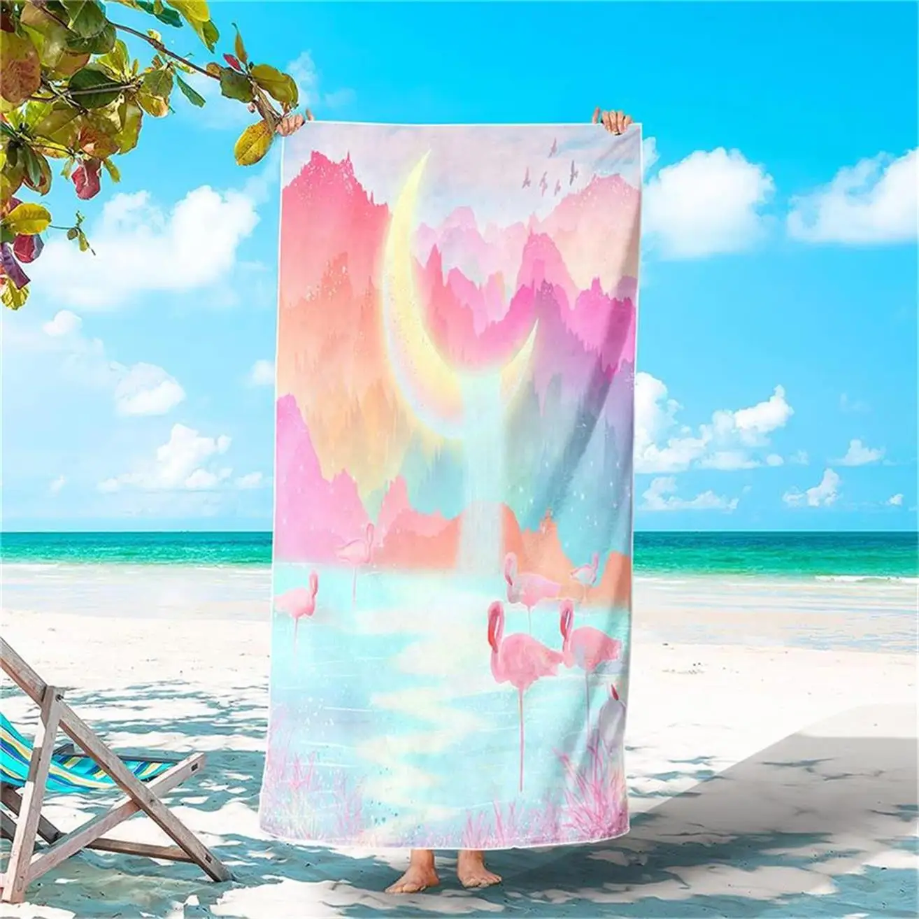 1 розовое быстросохнущее пляжное полотенце из микрофибры с фламинго и защитой от