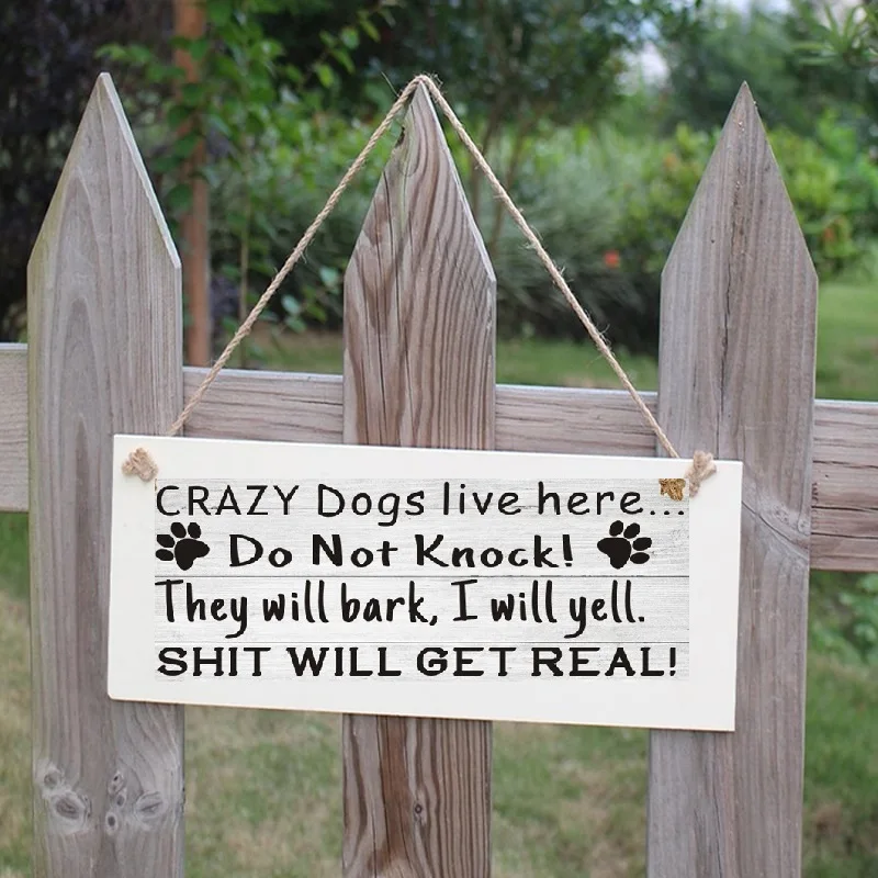 

20x10cm Lovely Sturdy Door Wall Dog Sign They Will Bark Do Not Knock Garden Crazy Dogs Live Here Funny I Will Yell Wood Plaque