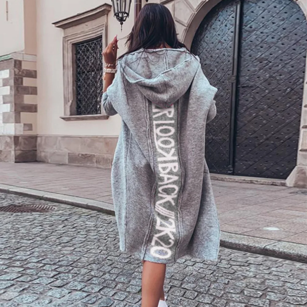 

Letter Print Streetwear Sweaters 2022 Women Loose Long Knit Cardigan Coats Spring Autumn Long Sleeve Casual Hooded Elegant Femme