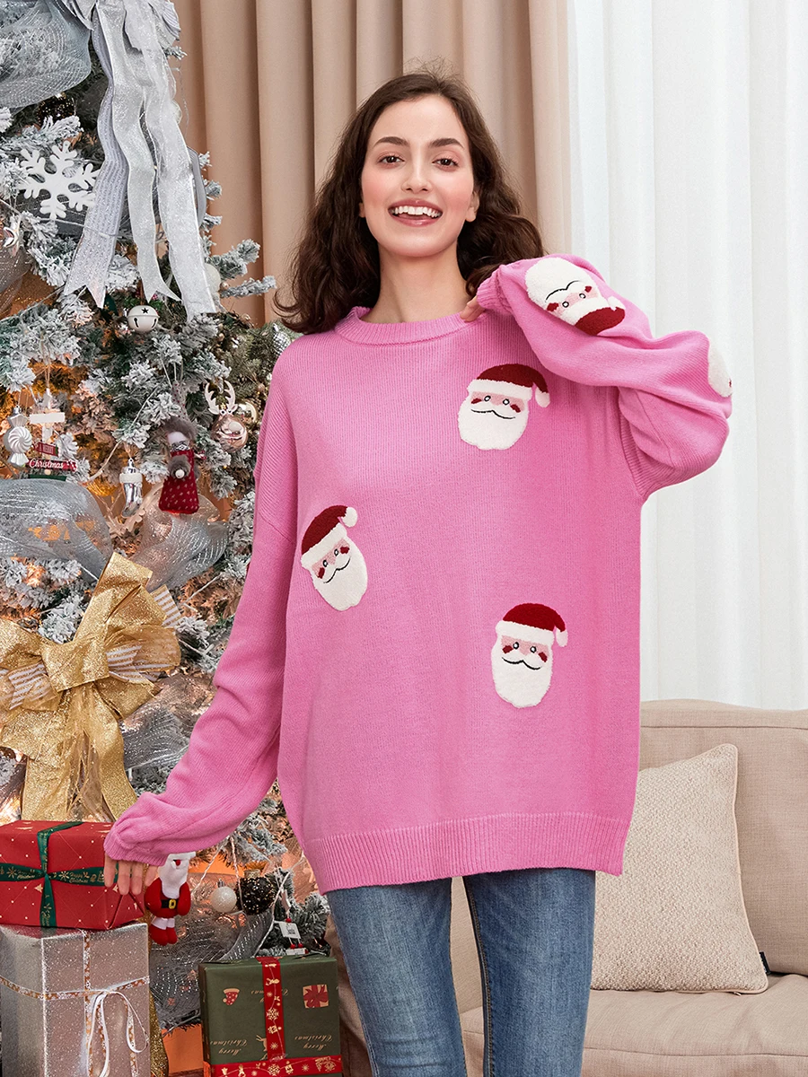 Новый модный женский рождественский свободный свитер с вышивкой Санта-Клауса