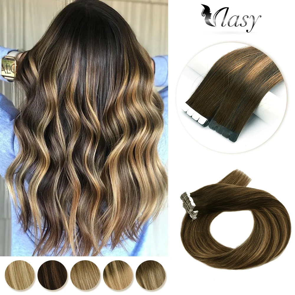 

VLASY Tape in Hair Extensions Non-Remy Double Side Skin Weft 100% Natural Tape in Human Hair Extensions 12"-20" Brown Blonde