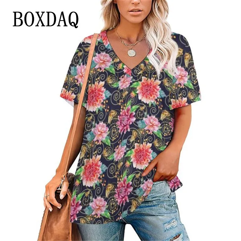 

2022 женская винтажная футболка с цветочным принтом, летний пуловер с коротким рукавом и v-образным вырезом, топы больших размеров, повседневн...