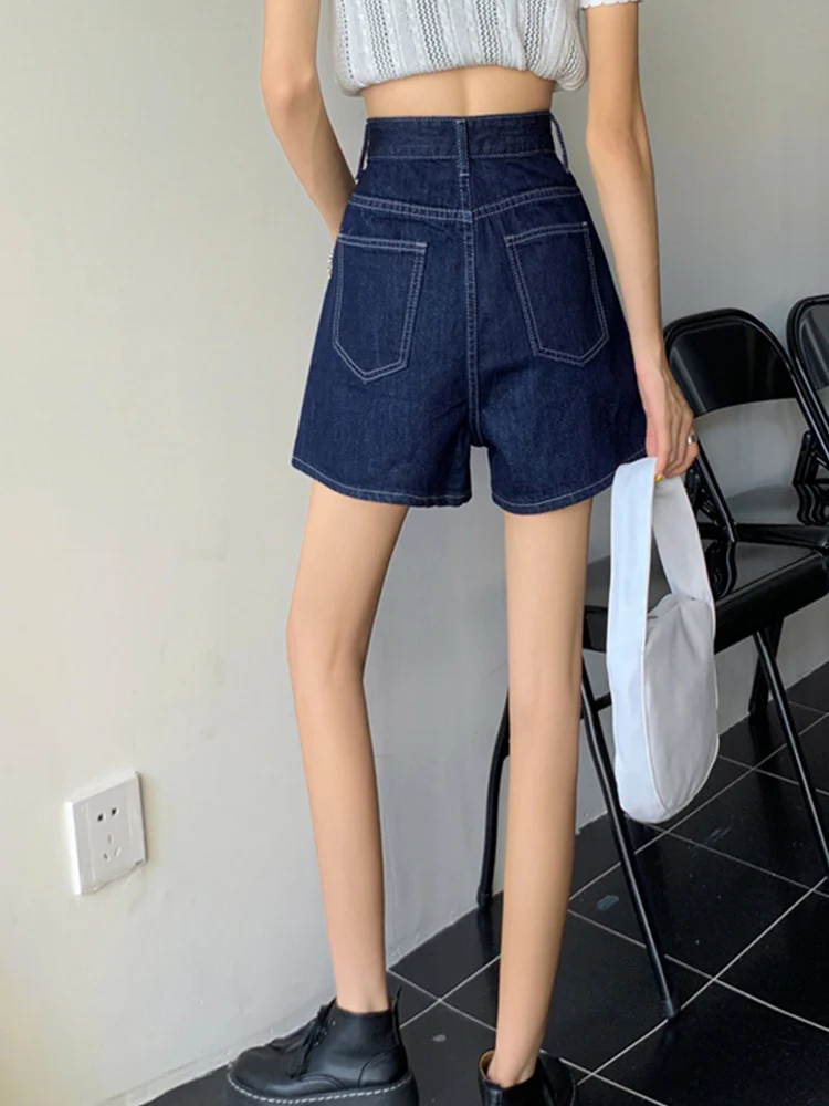 New Spring Summer Women Wide Leg Dark Blue Denim Shorts Streetwear Female Button Loose Jeans Shorts Bottoms