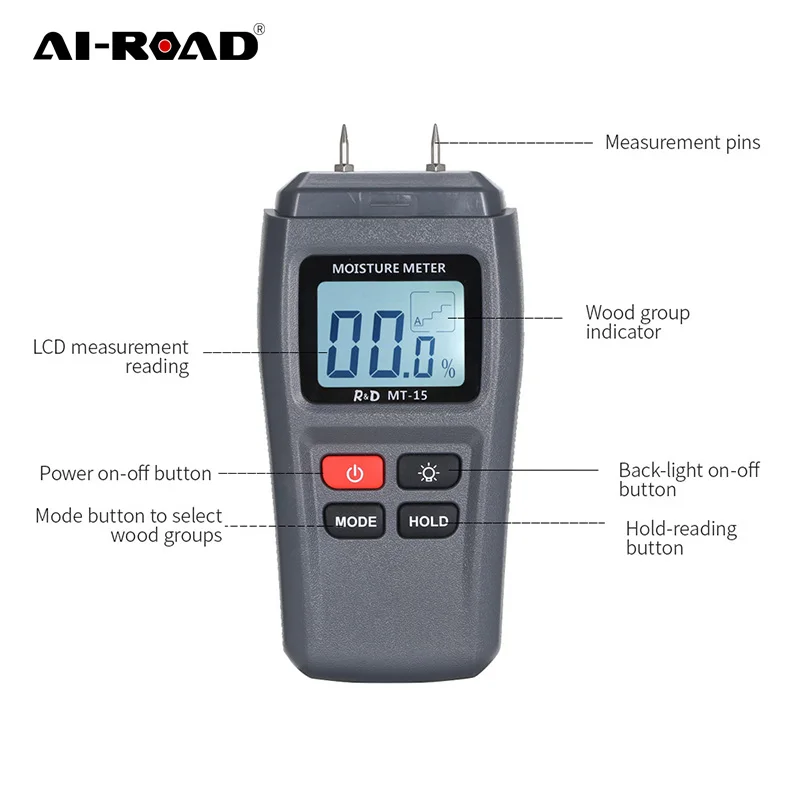 

AI-ROAD 0-99.9% Two Pins Digital Wood Moisture Meter Wood Humidity Tester Hygrometer Timber Damp Detector Large LCD Display