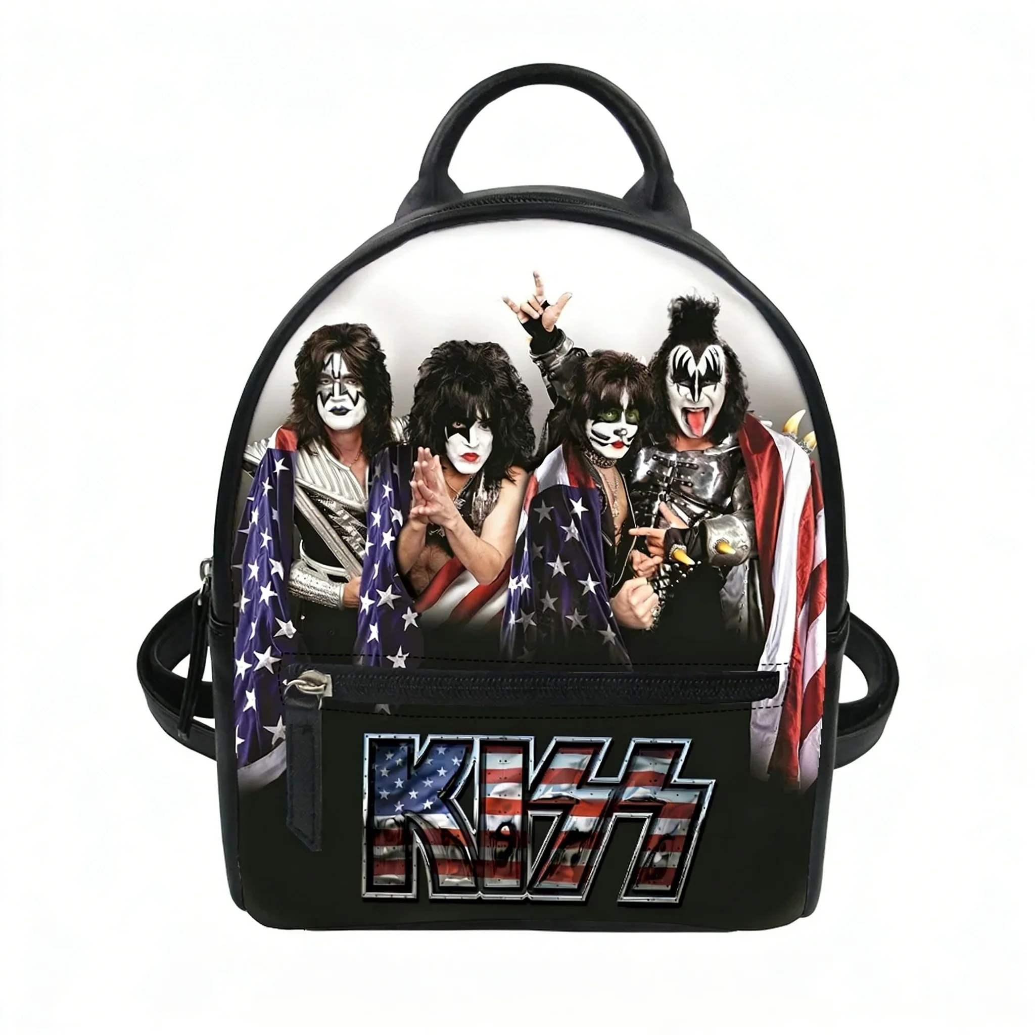 Фото Рюкзак-сумка Kiss Rock Band на заказ для женщин, винтажный рок-стиль, школьный рюкзак, двойная плечевая сумка, мини-рюкзак, кожаная дорожная сумка. №1