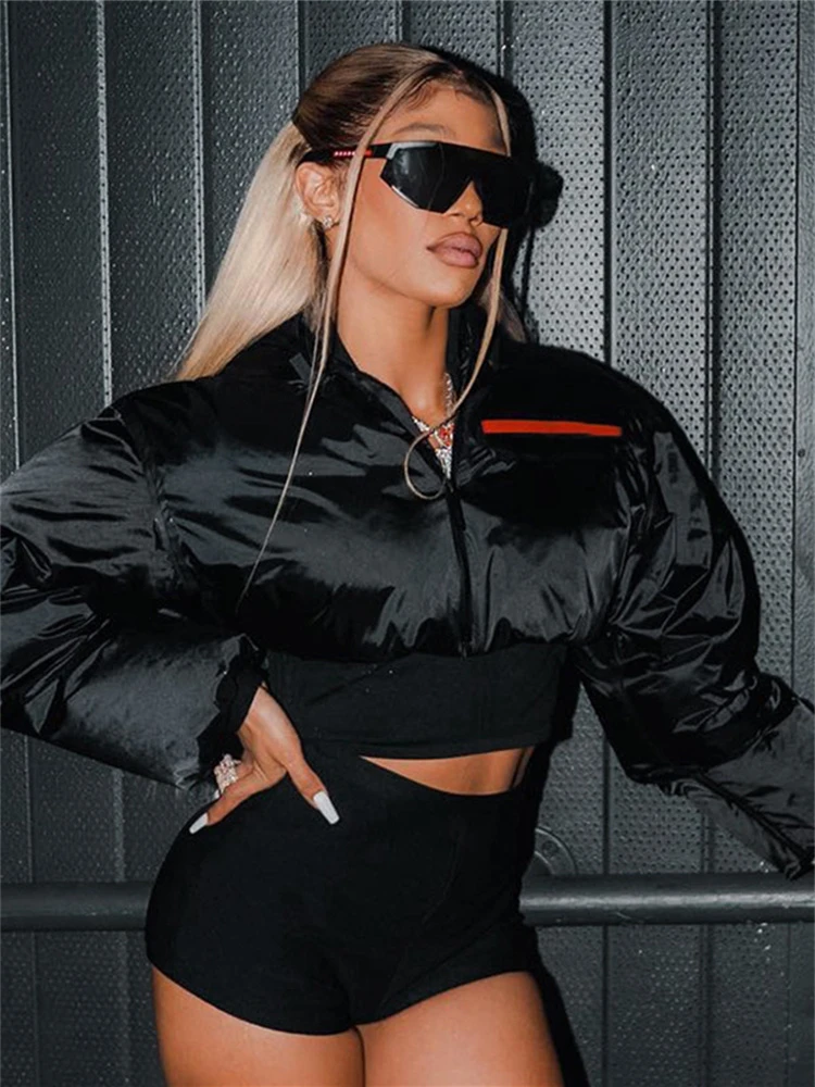 Black Puffer Jacket Fashion 2022 Winter Clothes Women Street Wear Zip Up Bubble Coats Thick Cropped Jacket