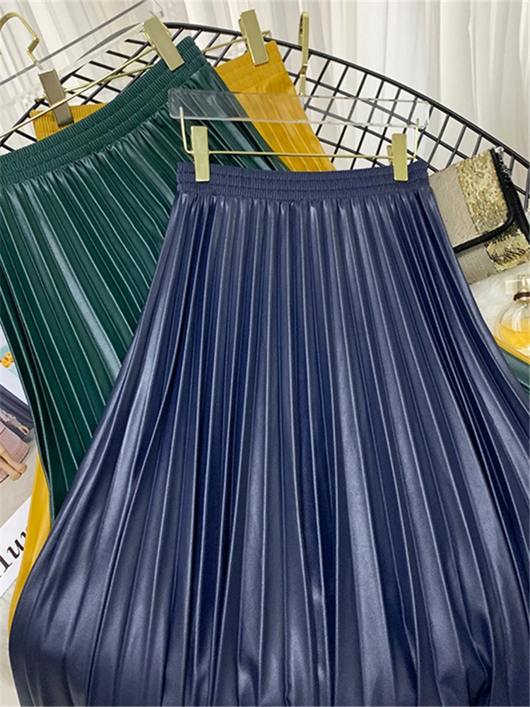 Женская плиссированная юбка из ПУ кожи с высокой талией