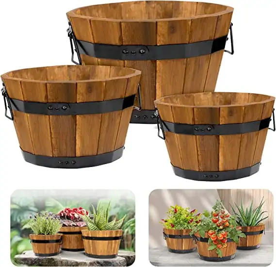 

of 3 Wooden Barrel Planters Outdoor, Acacia Wood Flower Boxes for Outdoor with Ergonomic Handles, Drainage Holes, Multiple Siz