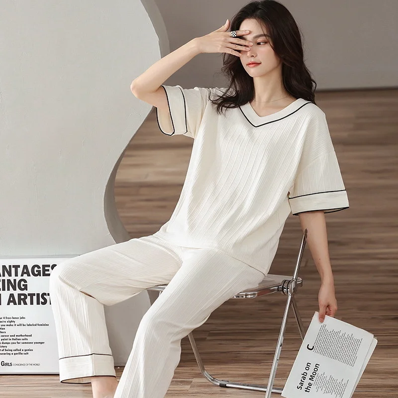pajamas women's spring  summer short sleeved trousers cotton simple  natural solid color loose  home clothes suit