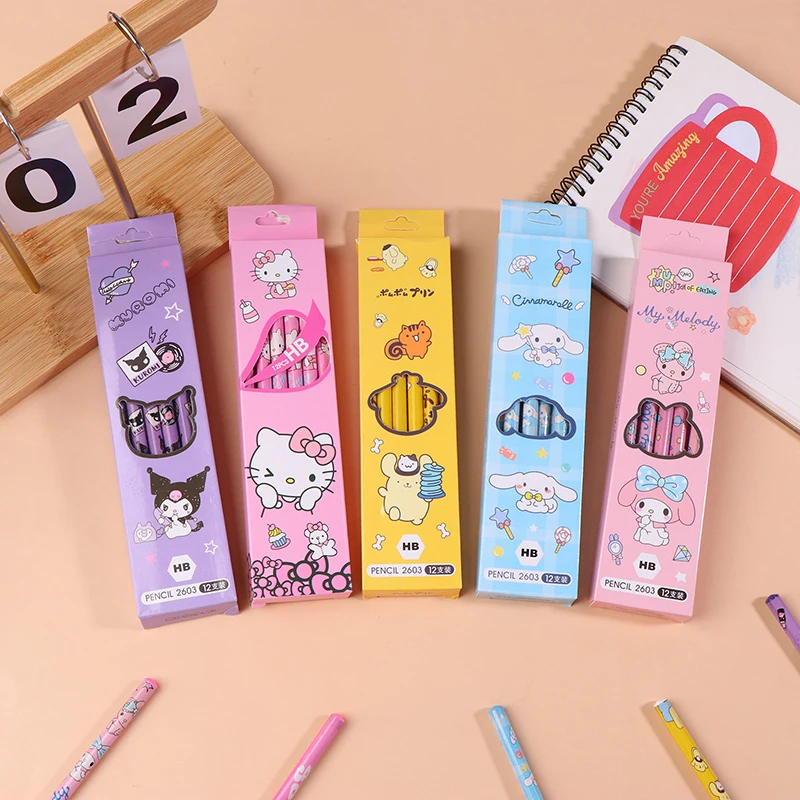 12 упаковок карандашей Kawaii Sanrio Hello Kitty HB аниме Cinnamoroll Kuromi My Melody карандаши для письма