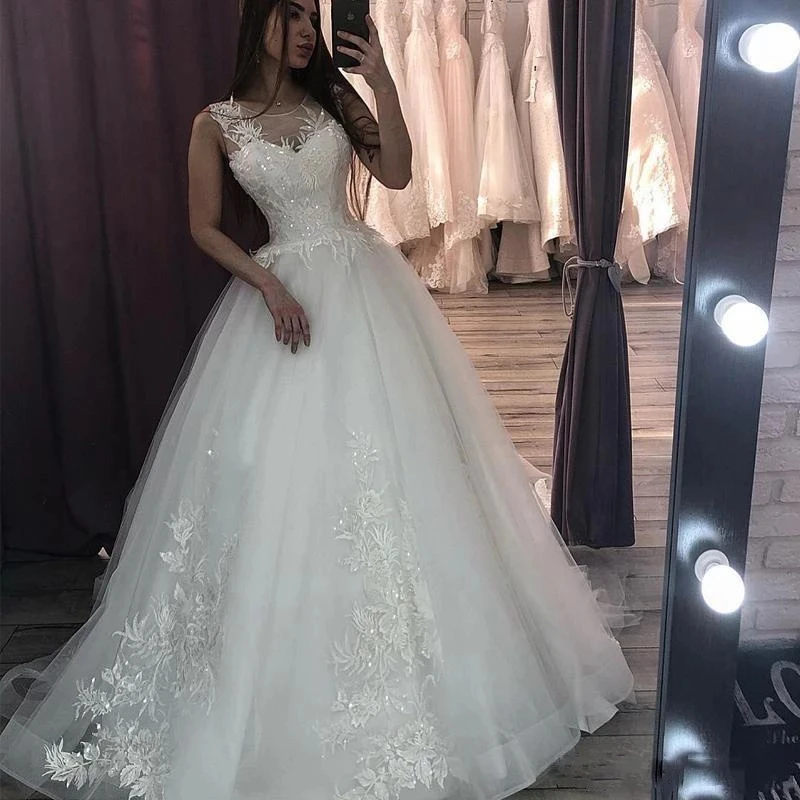 

Charming Wedding Dress White O-Neck Floor-Length Lace Floral Sleeveless Button A-LINE Wedding Party De Fiesta Robe De Soiree